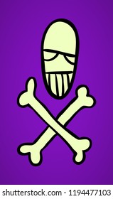 Hand drawn skull and crossbone. Halloween celebration greeting card design element symbol. Holiday vector illustration isolated over purple.