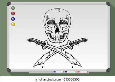 Hand drawn skull with crossed swords. Whiteboard vector illustration.