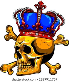 Hand drawn skull with crown and crossed bones in cartoon vintage style isolated on white background.