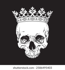 Hand drawn skull with crown vintage line art tattoo vector illustration isolated