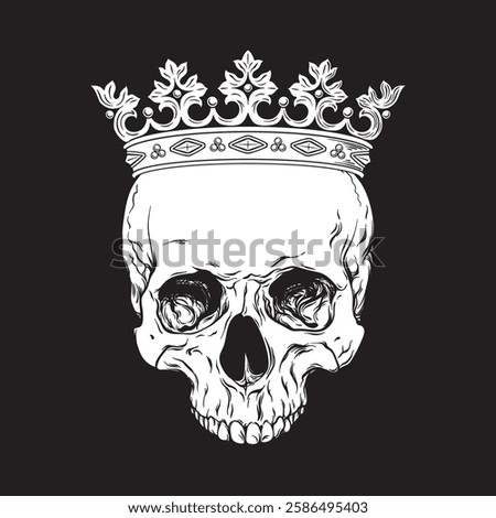 Hand drawn skull with crown vintage line art tattoo vector illustration isolated