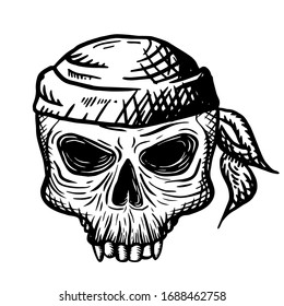 Hand drawn skull of a dead man in a bandana, on a white background. Vector illustration