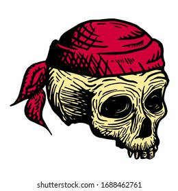 Hand drawn skull of a dead man in a red bandana, on a white background. Vector illustration