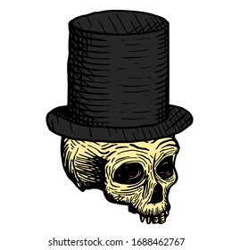 Hand drawn skull of a dead man in a black top hat, on a white background. Vector illustration