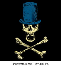 Hand drawn skull of a dead man in a blue top hat, with crossbones, on a black background. Vector illustration