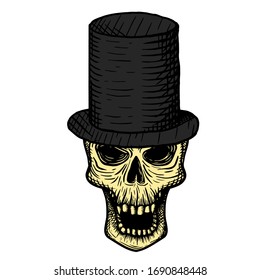 Hand drawn skull of a dead man in a black top hat, on a white background. Vector illustration