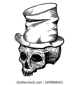 Hand drawn skull of a dead man in a crumpled top hat, on a white background. Vector illustration