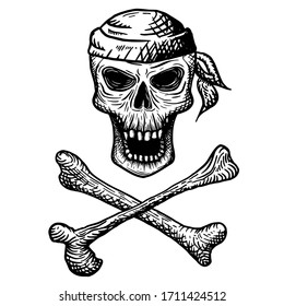Hand drawn skull of a dead man in a bandana, with crossbones, on a white background. Vector illustration