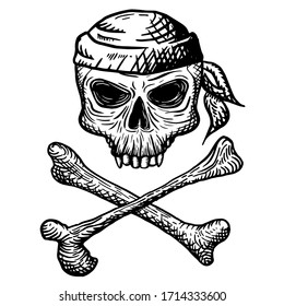 Hand drawn skull of a dead man in a bandana, with crossbones, on a white background. Vector illustration