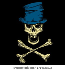 Hand drawn skull of a dead man in a blue crumpled top hat, with crossbones, on a black background. Vector illustration
