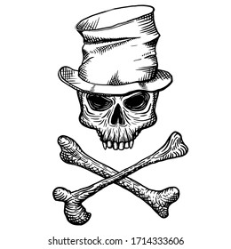 Hand drawn skull of a dead man in a crumpled top hat, with crossbones, on a white background. Vector illustration