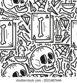 hand drawn skull doodle cartoon pattern design for clothing, wallpapers, backgrounds, posters, books, banners and more