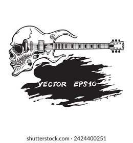 Hand drawn of skull electric guitar rock music band. Illustration, Poster, Postcard, Vector , Tshirt, ceramic. 