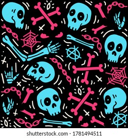 Hand drawn skull elements pattern. Skull background. Skull doodle illustration. Vector illustration. Seamless pattern with skull, bones, spider and chain