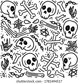 Hand drawn skull elements pattern. Skull background. Skull doodle illustration. Vector illustration. Seamless pattern with skull, bones, spider and chain
