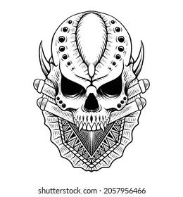 hand drawn skull engraving style line art