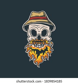 Hand Drawn Skull With Fire Beard and Hat Illustration 