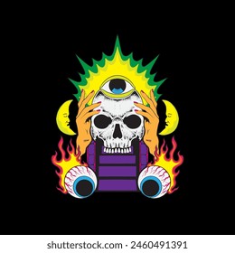 hand drawn skull with fire and eyes