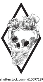 Hand drawn skull and flower tattoo design