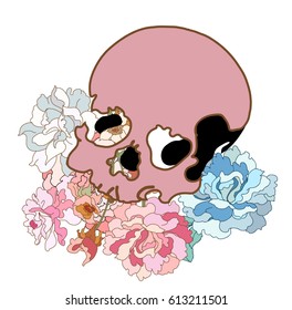 Hand drawn skull and flower tattoo design