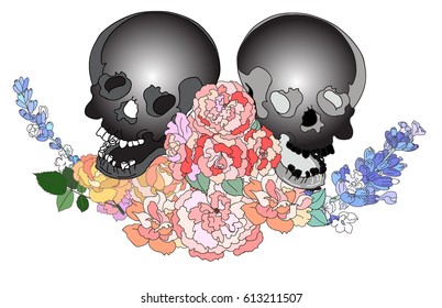 Hand drawn skull and flower tattoo design
