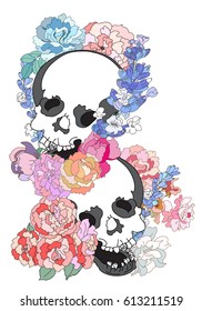 Hand drawn skull and flower tattoo design