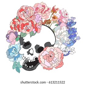 Hand drawn skull and flower tattoo design