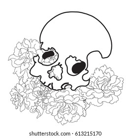 Hand drawn skull and flower tattoo design