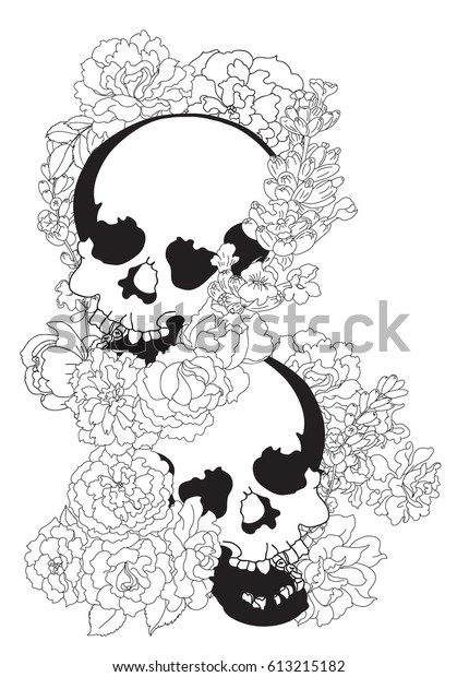 Hand Drawn Skull Flower Tattoo Design Stock Vector Royalty Free 613215182 Shutterstock 9917