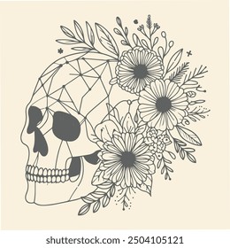 Hand drawn Skull with Flowers