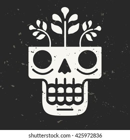 Hand drawn skull with flowers growing through it. Concept of eternal life. Modern vector illustration in traditional Mexican art style with grunge background. Perfect for prints, posters, textiles.