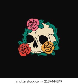 Hand Drawn Skull With Flowers. Roses Or Peonies. Trendy Isolated Colorful Vector Illustration. Cartoon, Vintage Style. Poster, Tattoo Idea, T-shirt Print, Sticker, Logo Design Template