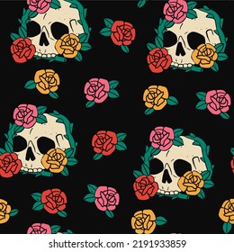 Hand drawn Skull with flowers. Roses or peonies. Trendy colorful Vector illustration. Cartoon, vintage style. Square seamless Pattern. Background, wallpaper