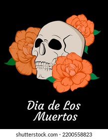 Hand drawn Skull with flowers Roses or peonies. Vector illustration vintage style. Poster, tattoo idea, t-shirt print, sticker, logo design template for Halloween or Happy Death Day.