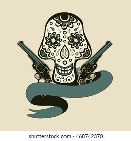 Hand drawn skull with guns