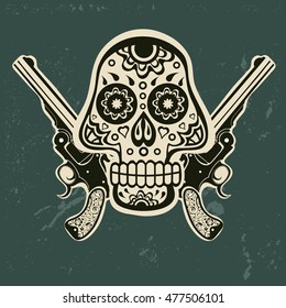 Hand drawn skull with guns