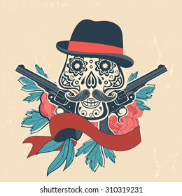 Hand drawn skull with guns and flowers in vintage style. Vector illustration