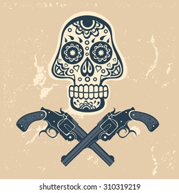 Hand drawn skull with guns on a grungy background in vintage style. Vector illustration