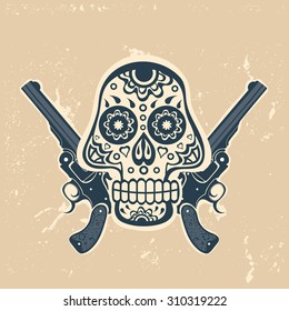 Hand drawn skull with guns on a grungy background in vintage style. Vector illustration