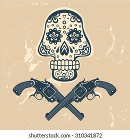 Hand drawn skull with guns on a grungy background in vintage style. Vector illustration