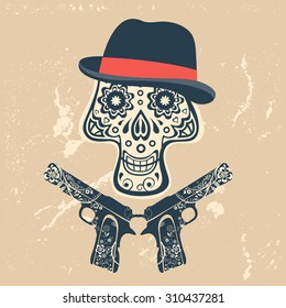 Hand drawn skull with guns on a grungy background in vintage style. Vector illustration