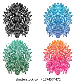 Hand drawn of skull head american native zentangle arts . vector illustration