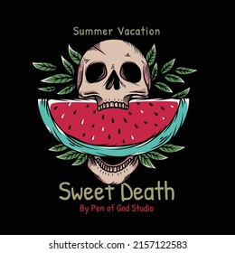 hand drawn skull head bite watermelon