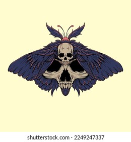 Hand drawn Skull Head in Butterfly Body Illustration