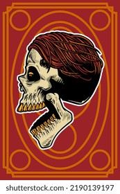 hand drawn skull head with cool hair and open mouth card illustration