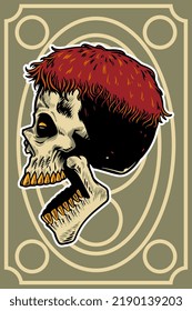 hand drawn skull head with cool hair and open mouth card illustration