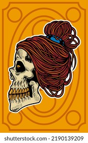 hand drawn skull head with cool hair card illustration