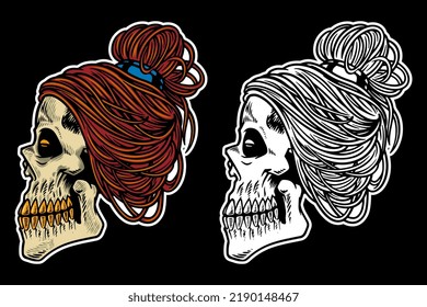 hand drawn skull head with cool hair vector illustration