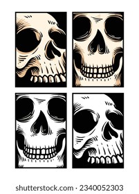 hand drawn skull head, engraving skull, design skull set, collection skull head, black and white illustration