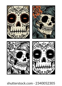 hand drawn skull head, engraving skull, design skull set, collection skull head, black and white illustration